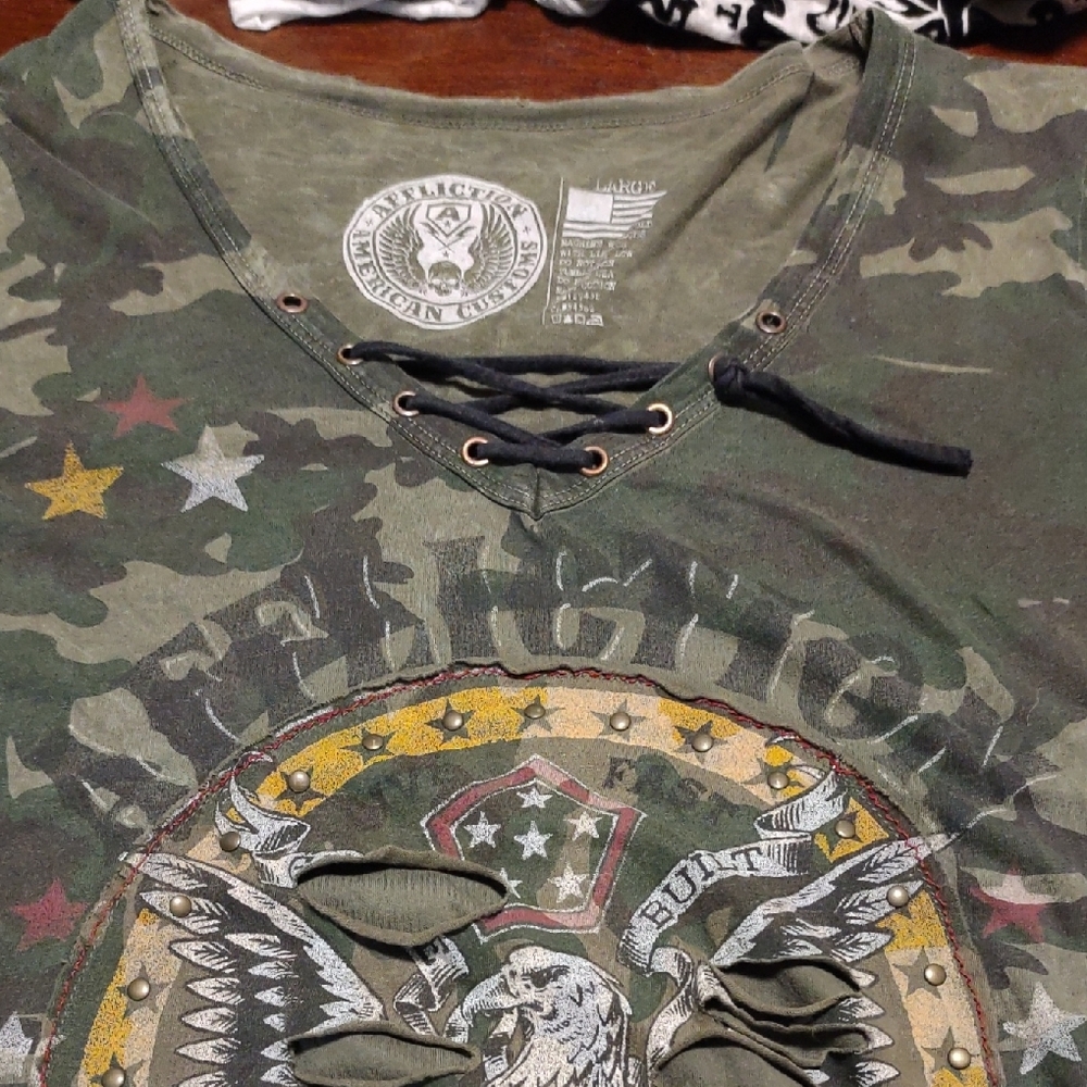 Affliction Green Camouflage Lace-Up Tee.
